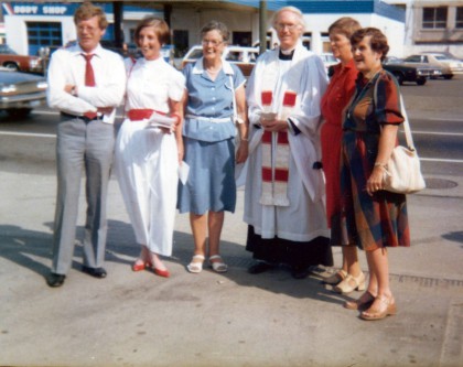 Board members at Jubilee House groundbreaking, 1985 (left to right) Ian Birtwell, Hilda Gregory, Cynthia Llewellyn, Rev. John Robertson, Anne McCullum, Lil Thirkell